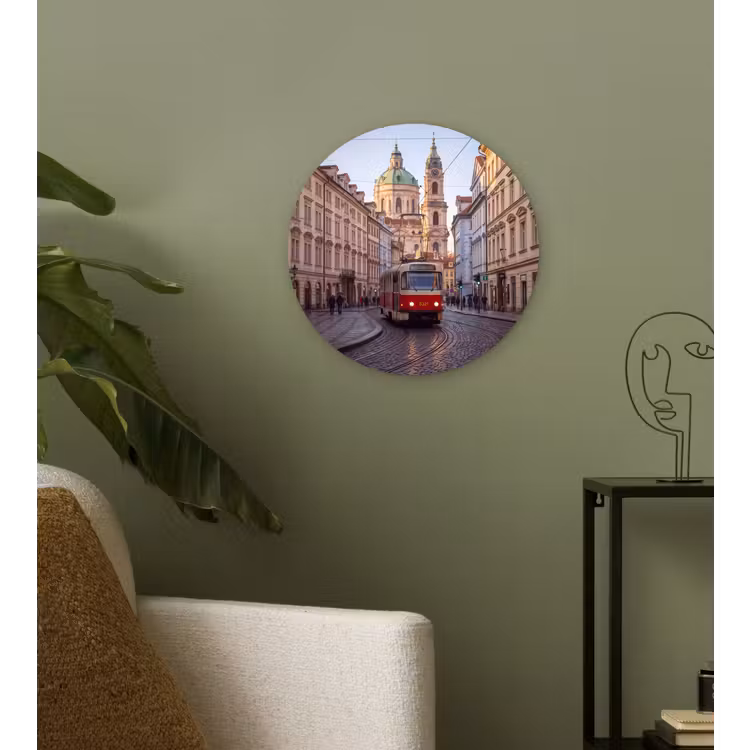 Tram - Straat - Stadsgezicht - Klassiek - Rood Wandcirkel kunststof plaat 5mm dik klein -sfeer3