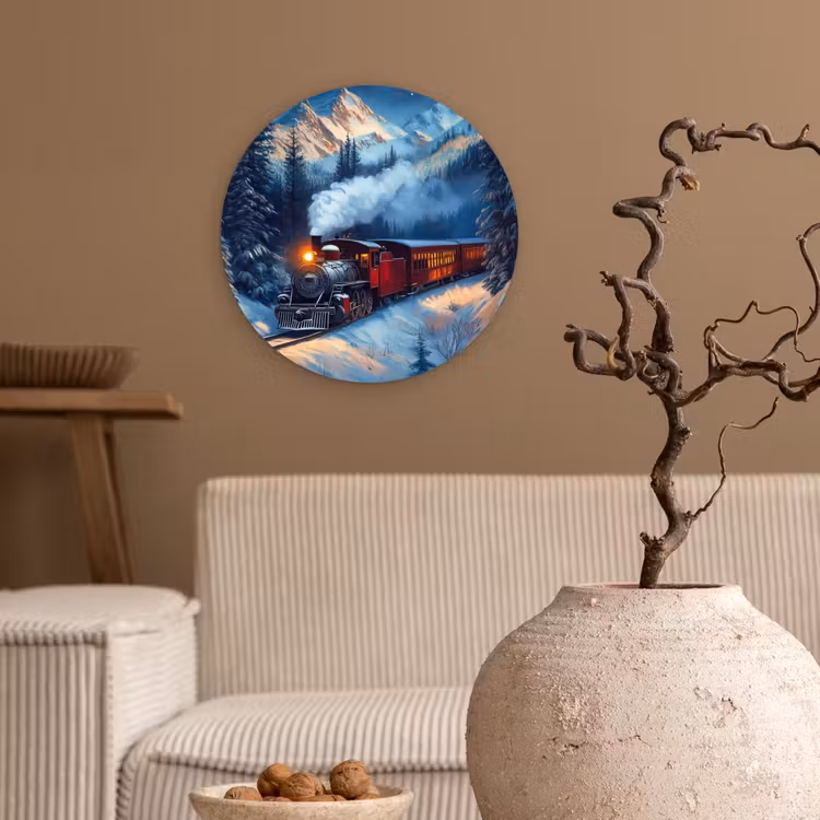 Trein - Kerst - Sneeuw - Kersttrein Wandcirkel kunststof plaat 5mm dik klein -sfeer1