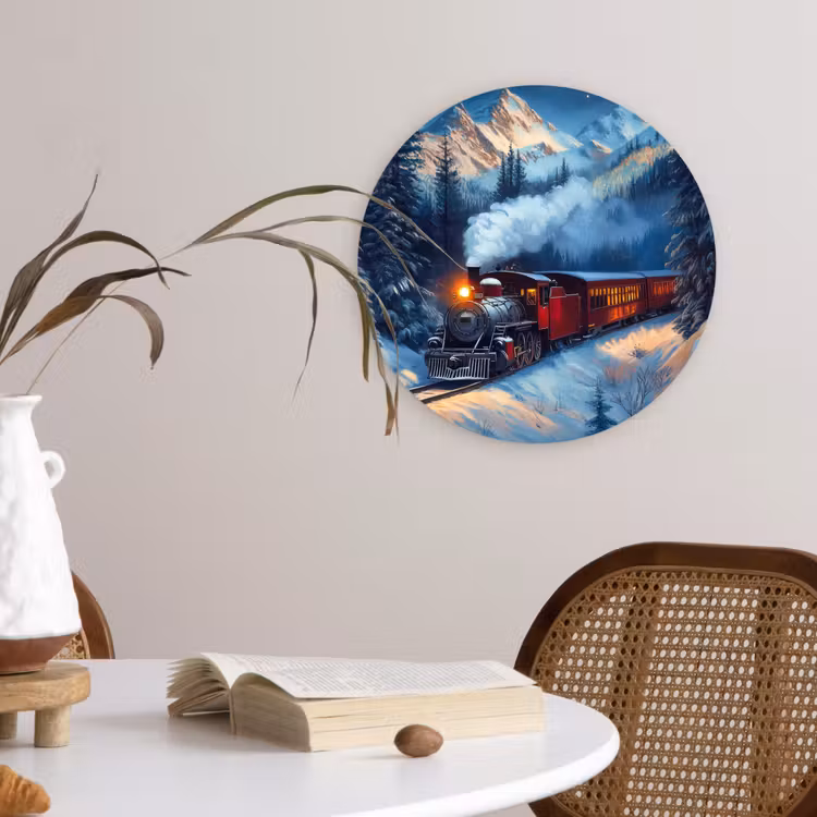 Trein - Kerst - Sneeuw - Kersttrein Wandcirkel kunststof plaat 5mm dik klein -sfeer4