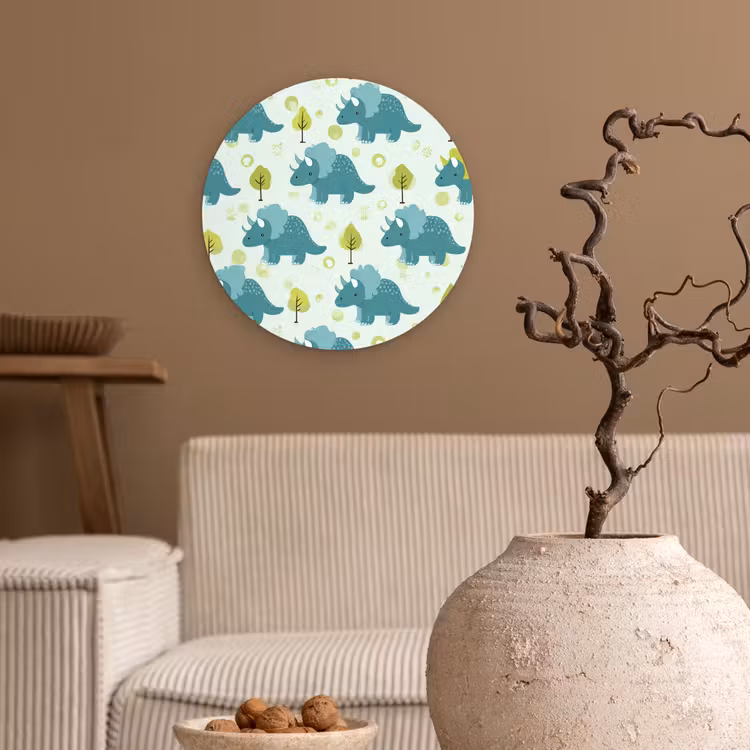 Triceratop - Blauw - Stippen - Boompjes Wandcirkel kunststof plaat 5mm dik klein -sfeer1