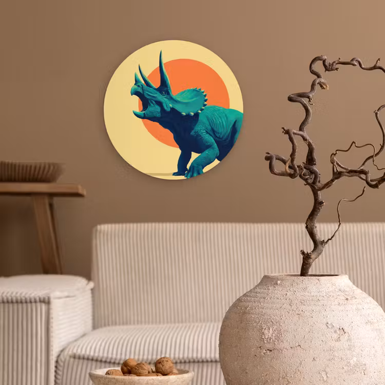 Triceratops - Cirkel - Oranje - Hoorns Wandcirkel kunststof plaat 5mm dik klein -sfeer1