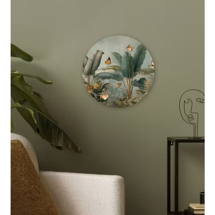 Tropisch bladerdek - Vlinders - groen - Bruin Wandcirkel kunststof plaat 5mm dik klein -sfeer3