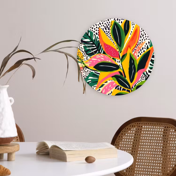 Tropisch - Bladeren - Zwart - wit Wandcirkel kunststof plaat 5mm dik klein -sfeer4