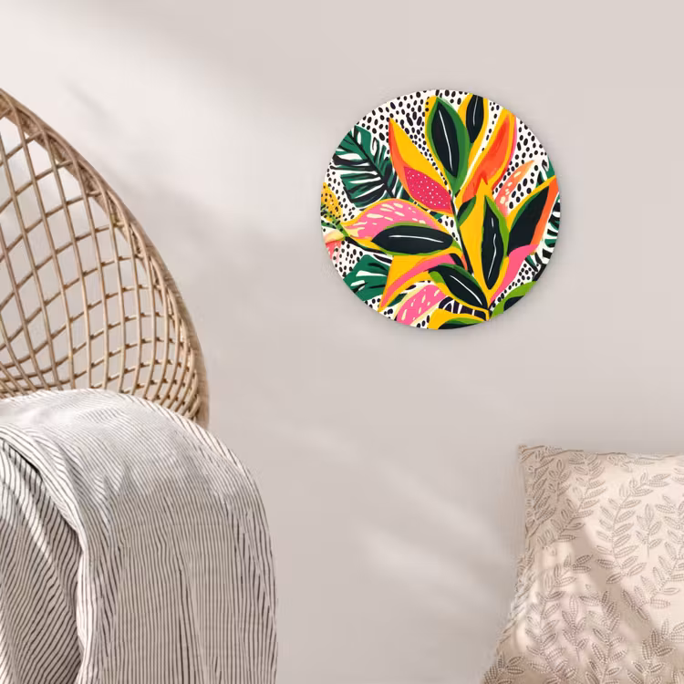 Tropisch - Bladeren - Zwart - wit Wandcirkel kunststof plaat 5mm dik klein -sfeer5