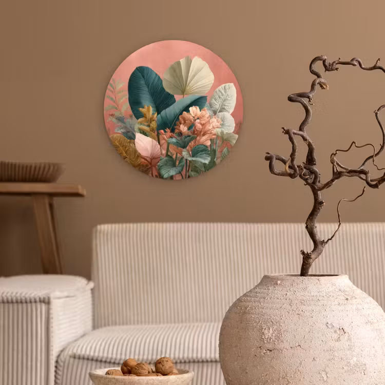 Tropische bladeren - Bloemen - Roze - groen Wandcirkel kunststof plaat 5mm dik klein -sfeer1