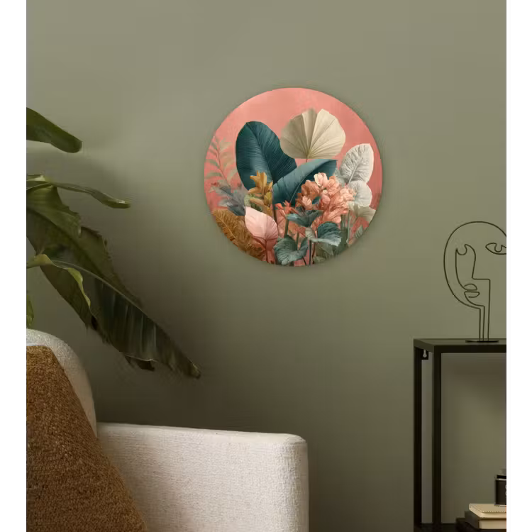 Tropische bladeren - Bloemen - Roze - groen Wandcirkel kunststof plaat 5mm dik klein -sfeer3