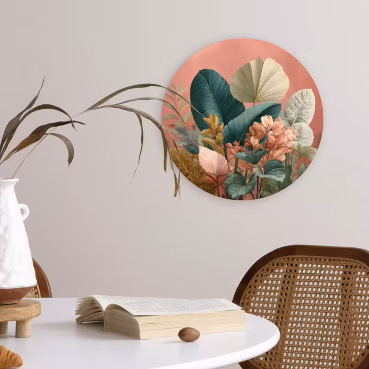 Tropische bladeren - Bloemen - Roze - groen Wandcirkel kunststof plaat 5mm dik klein -sfeer4