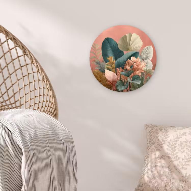 Tropische bladeren - Bloemen - Roze - groen Wandcirkel kunststof plaat 5mm dik klein -sfeer5