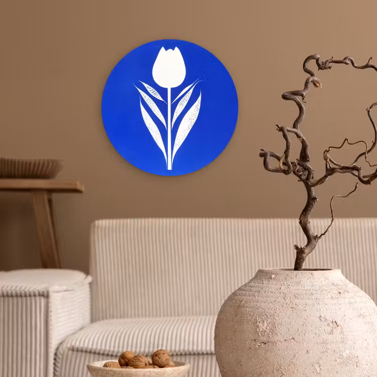 Tulp - Minimalistisch - Bladeren - Wit Wandcirkel kunststof plaat 5mm dik klein -sfeer1
