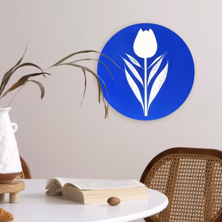 Tulp - Minimalistisch - Bladeren - Wit Wandcirkel kunststof plaat 5mm dik klein -sfeer4
