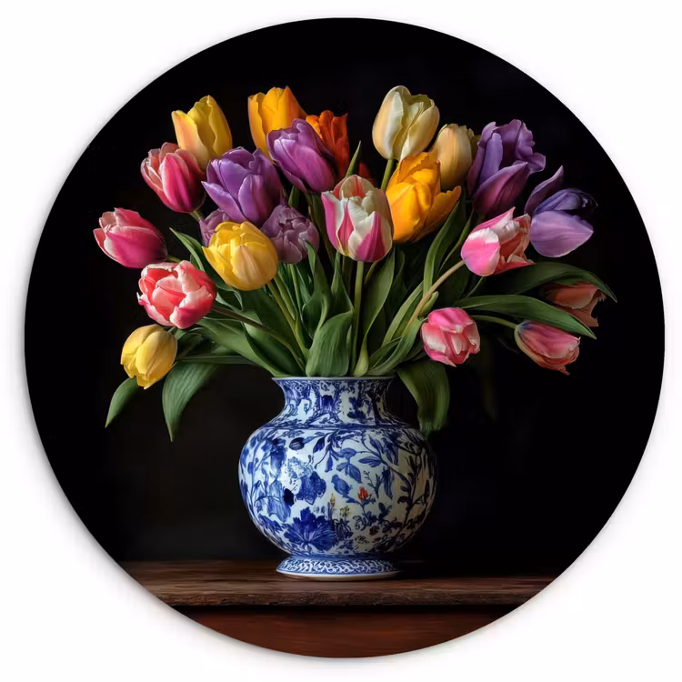 Tulpen - Kleuren - Hout - Vaas Wandcirkel kunststof plaat 5mm dik klein -3d