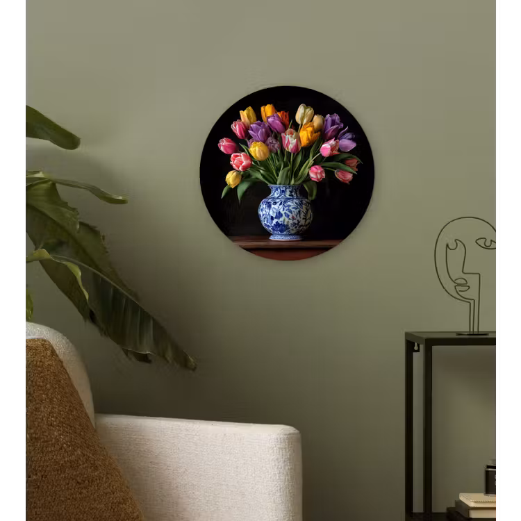 Tulpen - Kleuren - Hout - Vaas Wandcirkel kunststof plaat 5mm dik klein -sfeer3