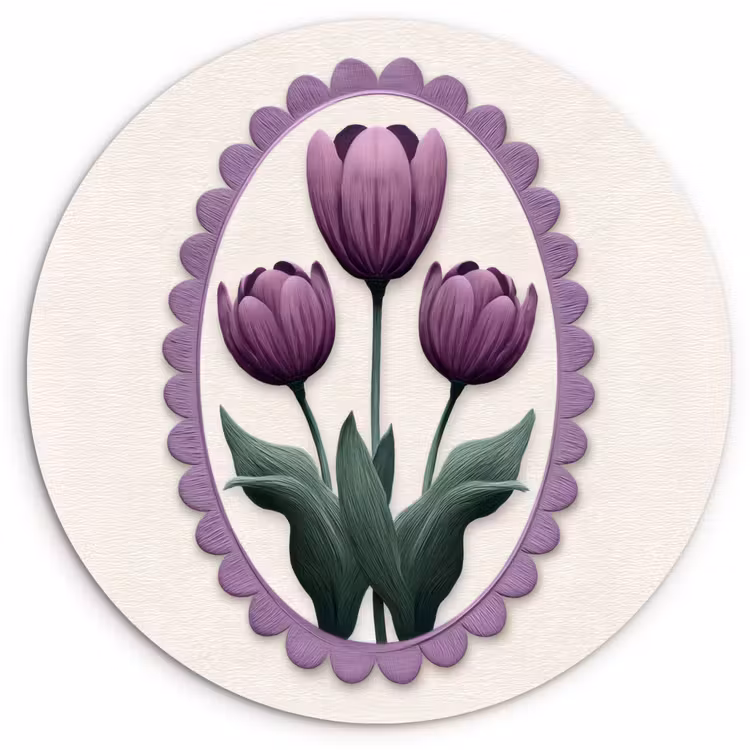 Tulpen - Paars - Lijst - Bladeren Wandcirkel kunststof plaat 5mm dik klein -3d