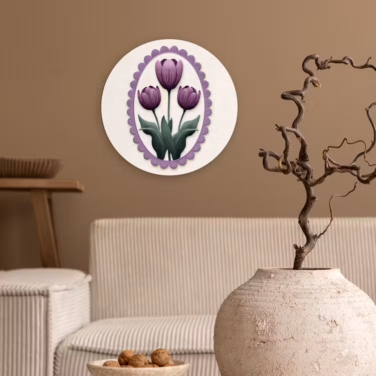 Tulpen - Paars - Lijst - Bladeren Wandcirkel kunststof plaat 5mm dik klein -sfeer1