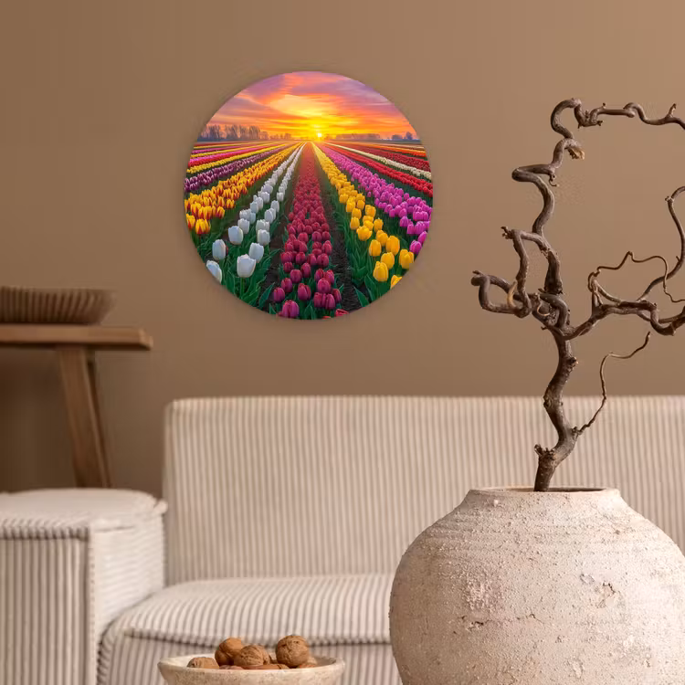 Tulpenveld - Zonsondergang - Kleurrijk Wandcirkel kunststof plaat 5mm dik klein -sfeer1