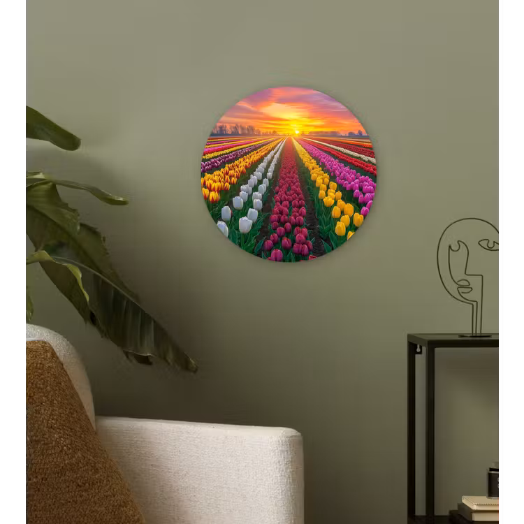 Tulpenveld - Zonsondergang - Kleurrijk Wandcirkel kunststof plaat 5mm dik klein -sfeer3