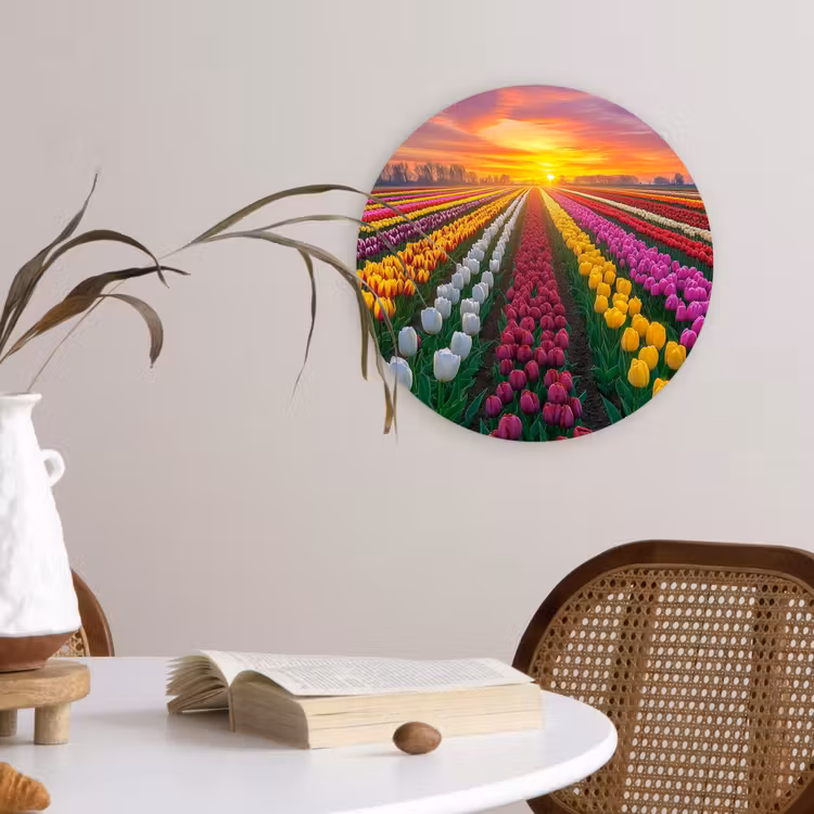 Tulpenveld - Zonsondergang - Kleurrijk Wandcirkel kunststof plaat 5mm dik klein -sfeer4