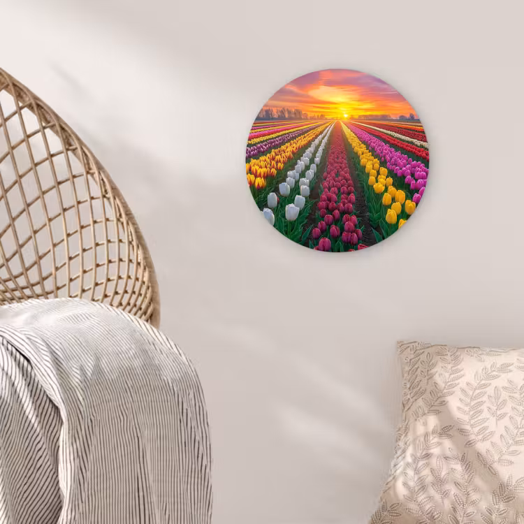 Tulpenveld - Zonsondergang - Kleurrijk Wandcirkel kunststof plaat 5mm dik klein -sfeer5