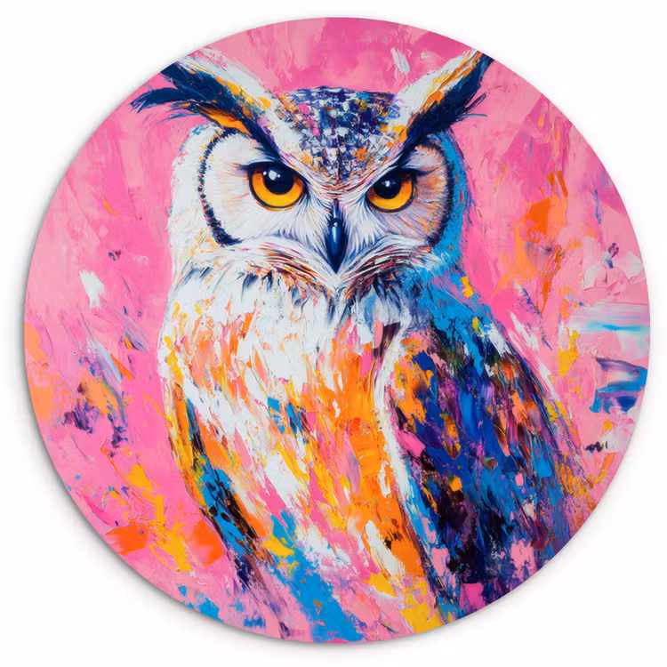 Uil - Roze - Blauw - Verf - Abstract Wandcirkel kunststof plaat 5mm dik klein -3d