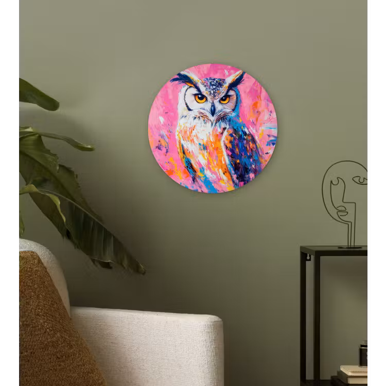 Uil - Roze - Blauw - Verf - Abstract Wandcirkel kunststof plaat 5mm dik klein -sfeer3