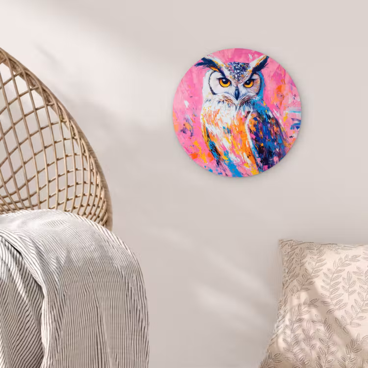 Uil - Roze - Blauw - Verf - Abstract Wandcirkel kunststof plaat 5mm dik klein -sfeer5