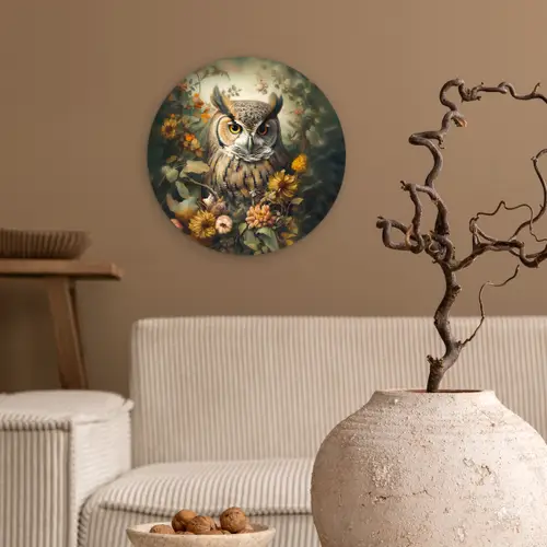 Uil - Vogels - Bloemen - Natuur Wandcirkel kunststof plaat 5mm dik klein -sfeer1