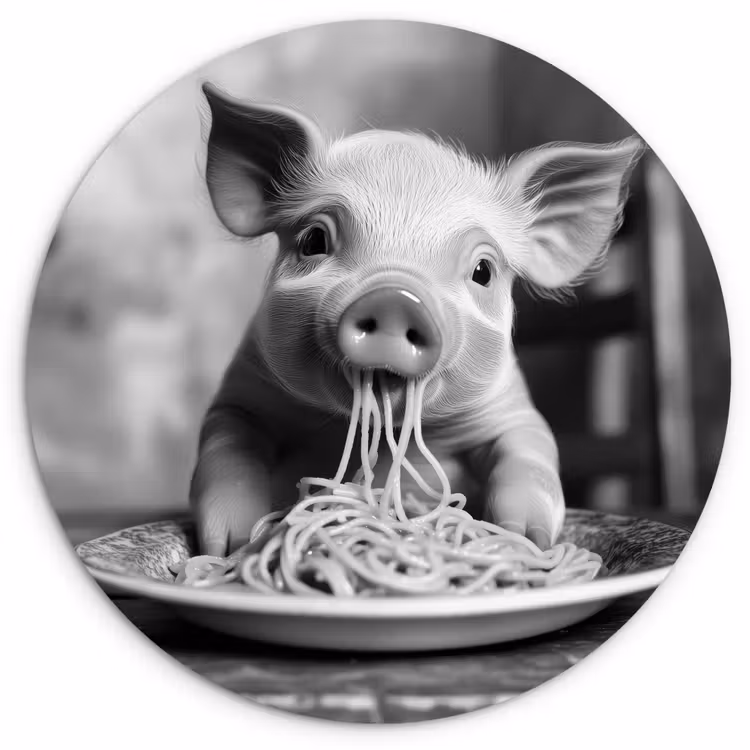 Varken - Schattig - Spaghetti - Zwart wit - Dier Wandcirkel kunststof plaat 5mm dik klein -3d