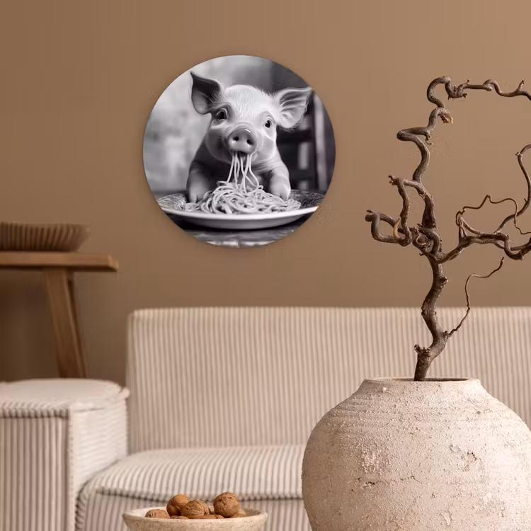 Varken - Schattig - Spaghetti - Zwart wit - Dier Wandcirkel kunststof plaat 5mm dik klein -sfeer1