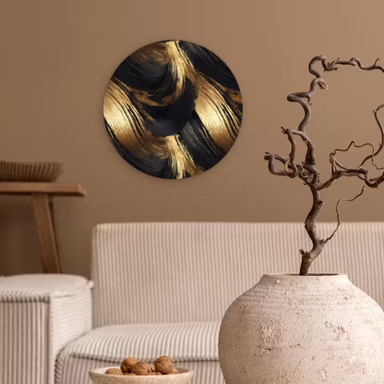 Verfstreken - Abstract - Goud - Zwart Wandcirkel kunststof plaat 5mm dik klein 188 -sfeer1