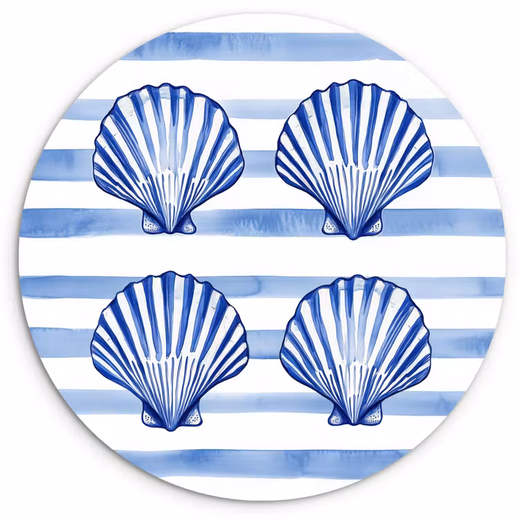 Vier schelpen - Blauw - Wit - Strepen Wandcirkel kunststof plaat 5mm dik klein -3d