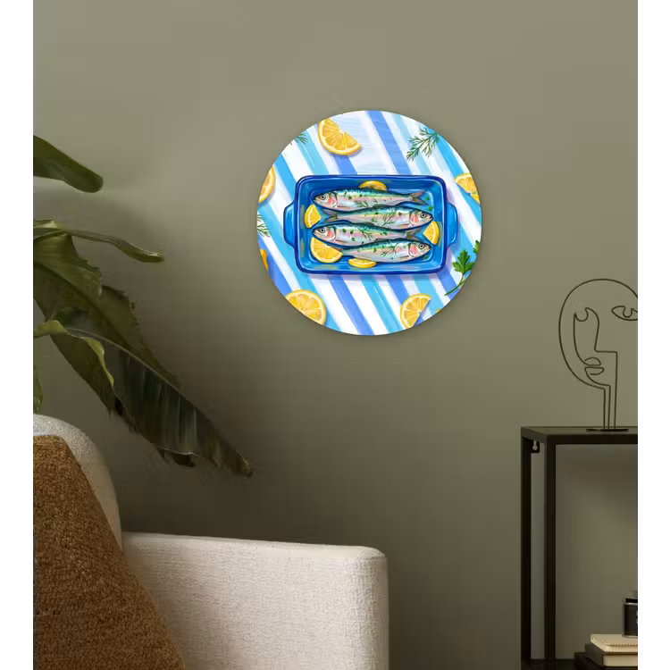 Vis - Citroen - Kruiden - Eten - Blauw Wandcirkel kunststof plaat 5mm dik klein -sfeer3