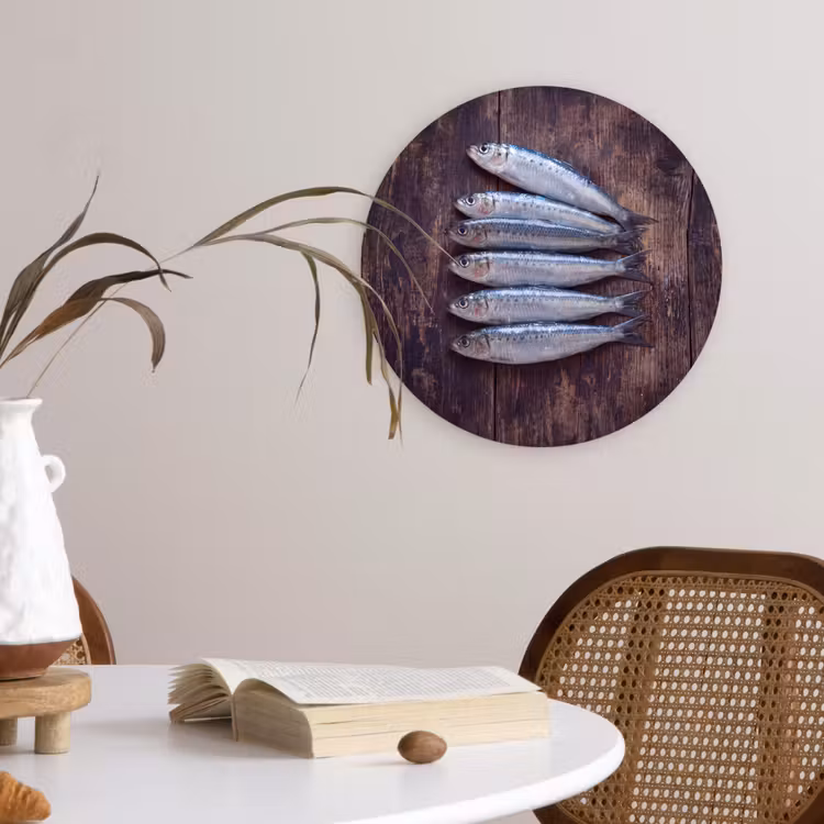 Muurcirkel - Vis - Hout - Eten - Vis - Hout - Eten Wandcirkel kunststof plaat 5mm dik klein