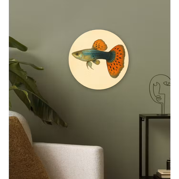 Vis - illustratie - Stippen - Oranje Wandcirkel kunststof plaat 5mm dik klein -sfeer3