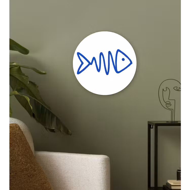 Vis - Minimalistisch - Blauw - Lijn Wandcirkel kunststof plaat 5mm dik klein -sfeer3