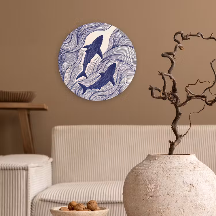 Vis - Oceaan - Lijntekening - Blauw - Dieren Wandcirkel kunststof plaat 5mm dik klein -sfeer1