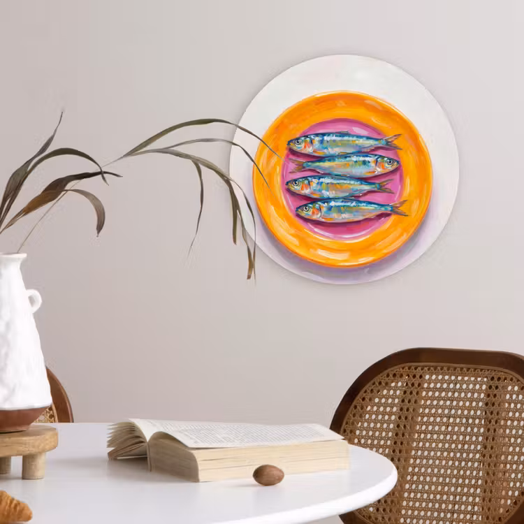Vis - Vier - Eten - Modern - Kleurrijk Wandcirkel kunststof plaat 5mm dik klein -sfeer4