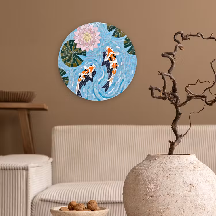 Vis - Water - Natuur - Mozaïek - Blauw Wandcirkel kunststof plaat 5mm dik klein -sfeer1