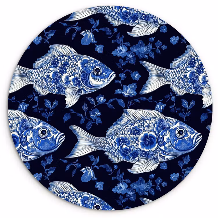 Vissen - Bloemen - Blauw Wandcirkel kunststof plaat 5mm dik klein 188 -3d