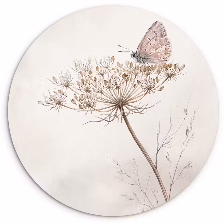 Vlinder - Bloem -Natuur - Beige Wandcirkel kunststof plaat 5mm dik klein -3d