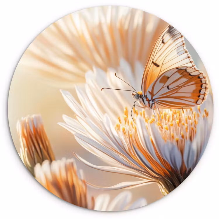 Vlinder - Bloem - Oranje Wandcirkel kunststof plaat 5mm dik klein -3d