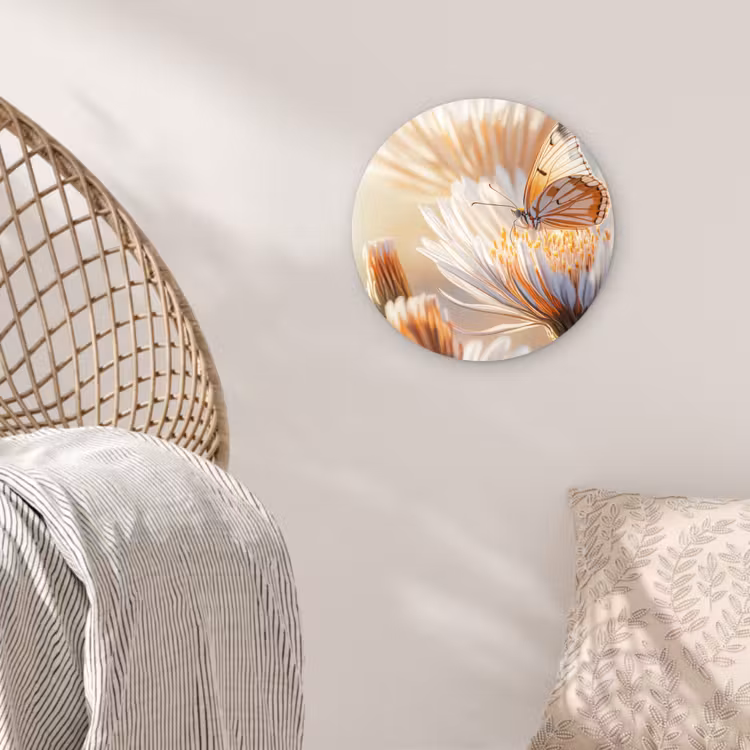 Vlinder - Bloem - Oranje Wandcirkel kunststof plaat 5mm dik klein -sfeer5