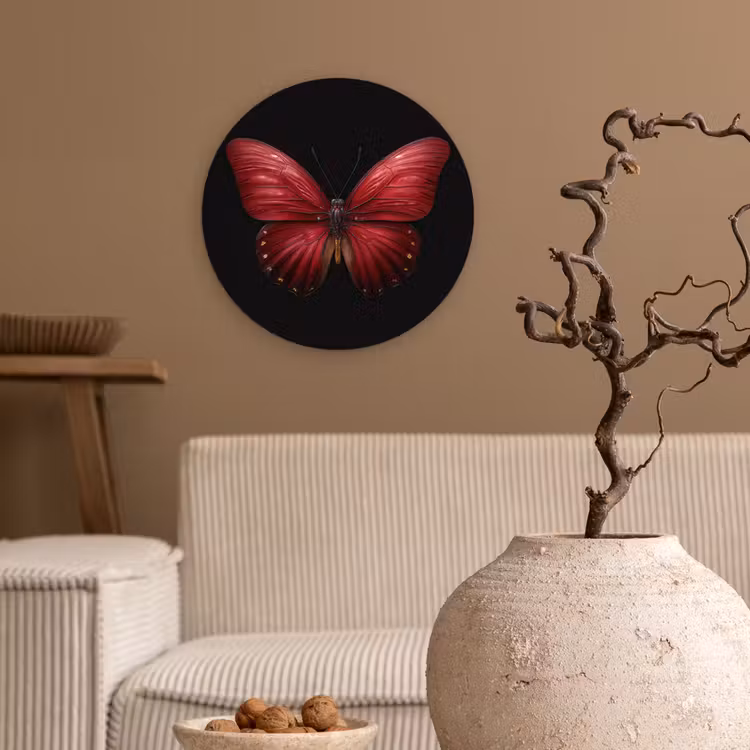 Vlinder - Rood - Minimalistisch Wandcirkel kunststof plaat 5mm dik klein -sfeer1
