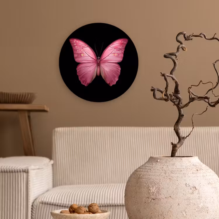 Vlinder - roze - Elegant Wandcirkel kunststof plaat 5mm dik klein -sfeer1