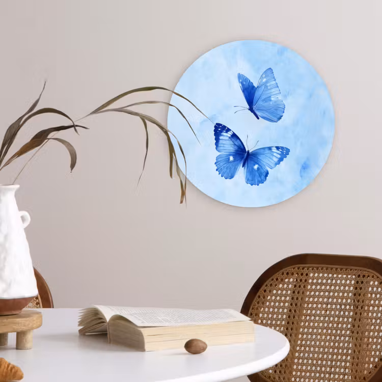 Vlinders - Sierlijk - Blauw Wandcirkel kunststof plaat 5mm dik klein -sfeer4