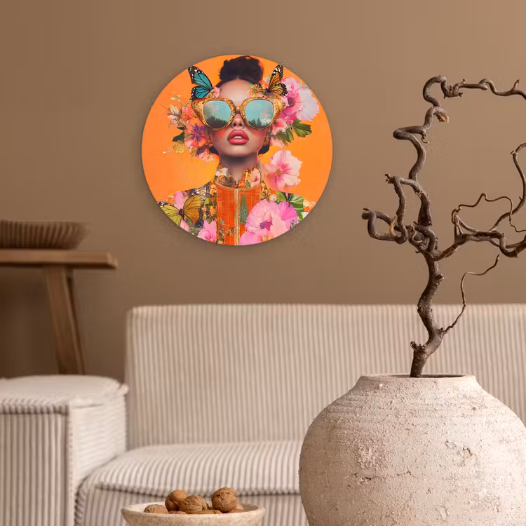 Vlinders - Vrouw - Zonnebril - Kleurrijk Wandcirkel kunststof plaat 5mm dik klein -sfeer1