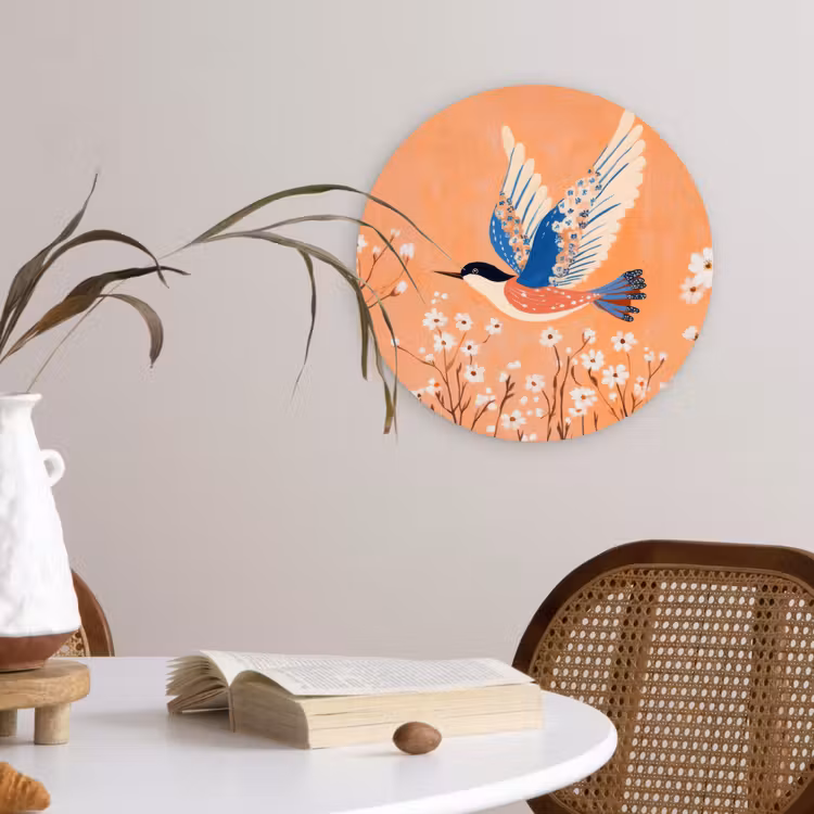 Vogel - Bloesemtakken - Warm - Kleurrijk Wandcirkel kunststof plaat 5mm dik klein -sfeer4