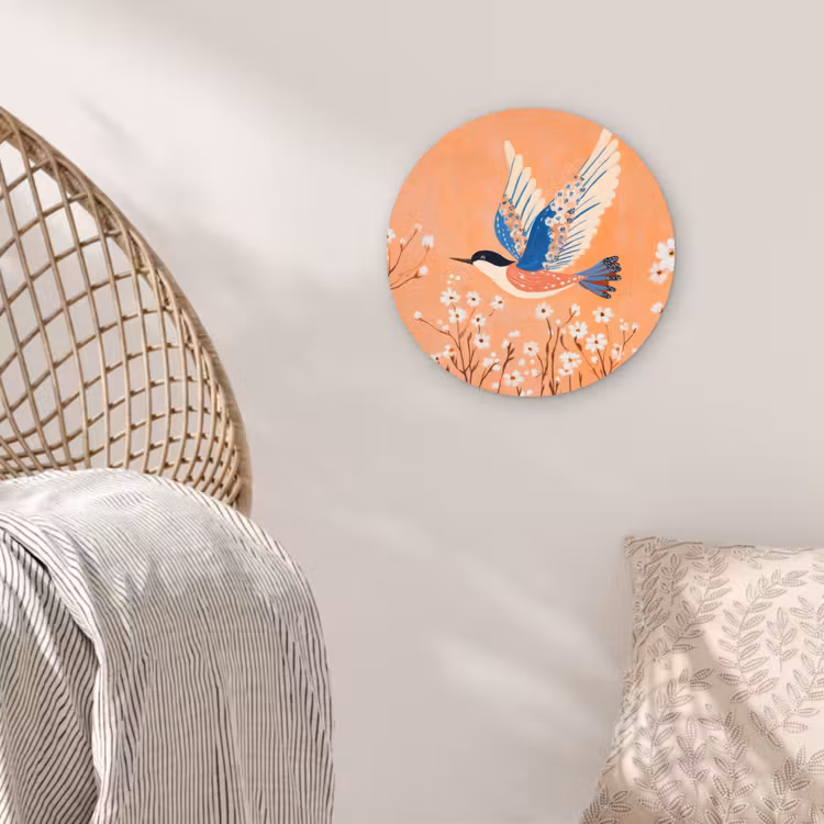 Vogel - Bloesemtakken - Warm - Kleurrijk Wandcirkel kunststof plaat 5mm dik klein -sfeer5