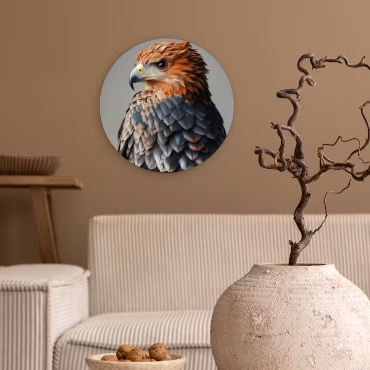 Vogel - Realistisch - Veren - Bruin Wandcirkel kunststof plaat 5mm dik klein -sfeer1