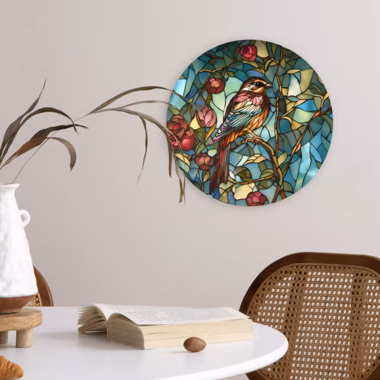 Vogel - Tak - Rozen - Mozaïek Wandcirkel kunststof plaat 5mm dik klein -sfeer4