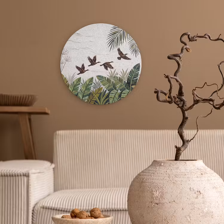 Vogel - Vliegend - Tropisch - Mozaïek - Groen Wandcirkel kunststof plaat 5mm dik klein -sfeer1